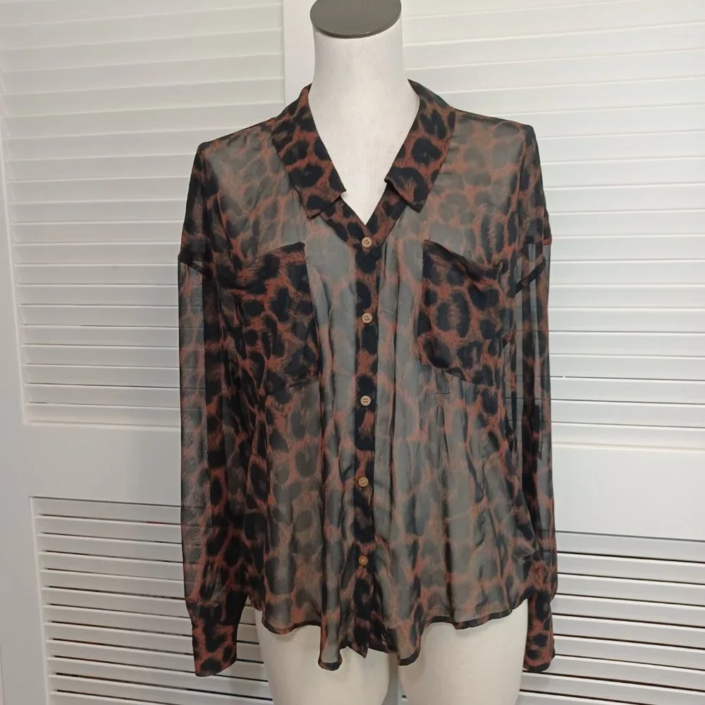 Free People Blouse Easy Rider Black Brown Leopard Print Chiffon Shirt Size Small